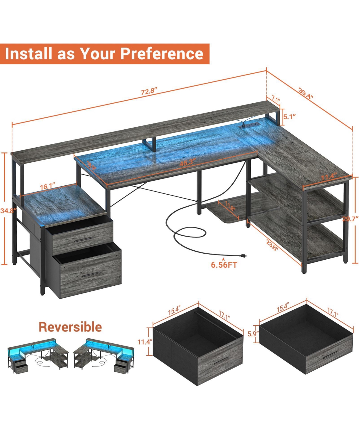 Aheaplus 72.8" L Shaped Desk with File Drawer, Reversible Computer Power Outlet, Led Strip, Monitor Stand & Storage Shelves