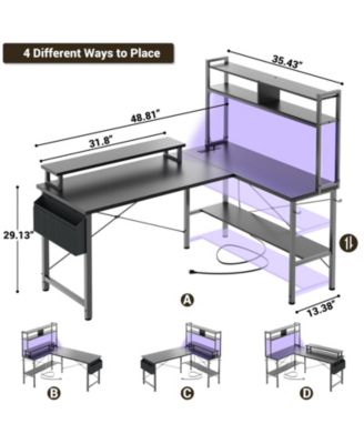 49'' Reversible L Shaped Gaming Desk with Power Outlet and LED Lights, Corner Desk with Hutch & Monitor Stand