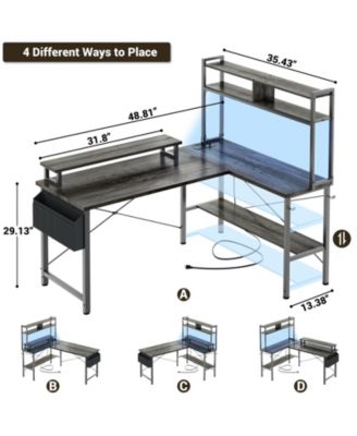 49'' Reversible L Shaped Gaming Desk with Power Outlet and LED Lights, Corner Desk with Hutch & Monitor Stand
