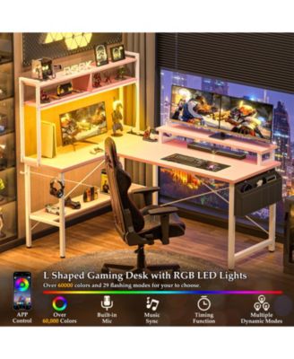 49'' Reversible L Shaped Gaming Desk with Power Outlet and LED Lights, Corner Desk with Hutch & Monitor Stand