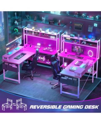 49'' Reversible L Shaped Gaming Desk with Power Outlet and LED Lights, Corner Desk with Hutch & Monitor Stand