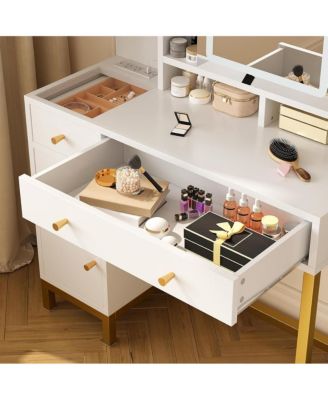 White Vanity Desk with Mirror & LED Lights, Makeup Dressing Table with Power Outlet, Bedroom