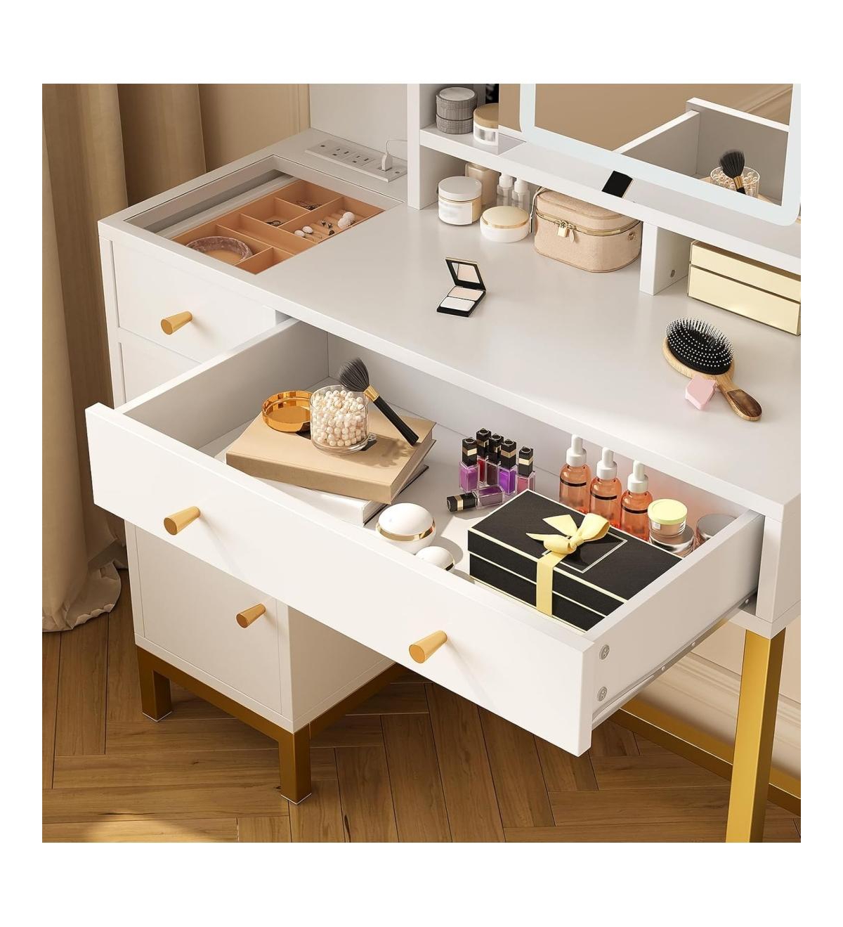 gaomon White Vanity Desk with Mirror & Led Lights, Makeup Dressing Table with Power Outlet, Bedroom