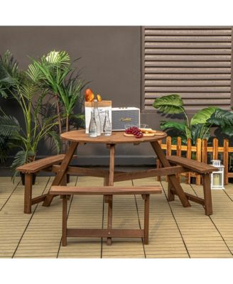 6-person Round Wooden Picnic Table Outdoor Table w/ Umbrella Hole & Benches