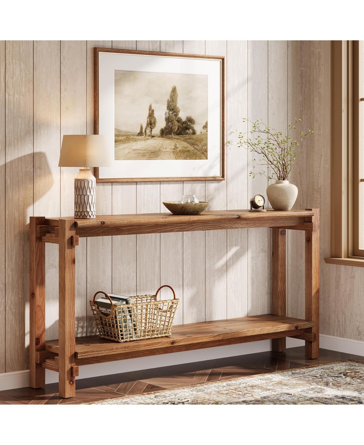 Tribesigns 63-Inch Solid Wood Console Table, 2-Tier Farmhouse Entryway Table with Storage