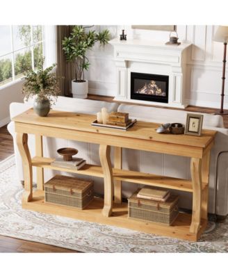63" Solid Wood Console Table, 3-Tier Farmhouse Sofa Table with Storage