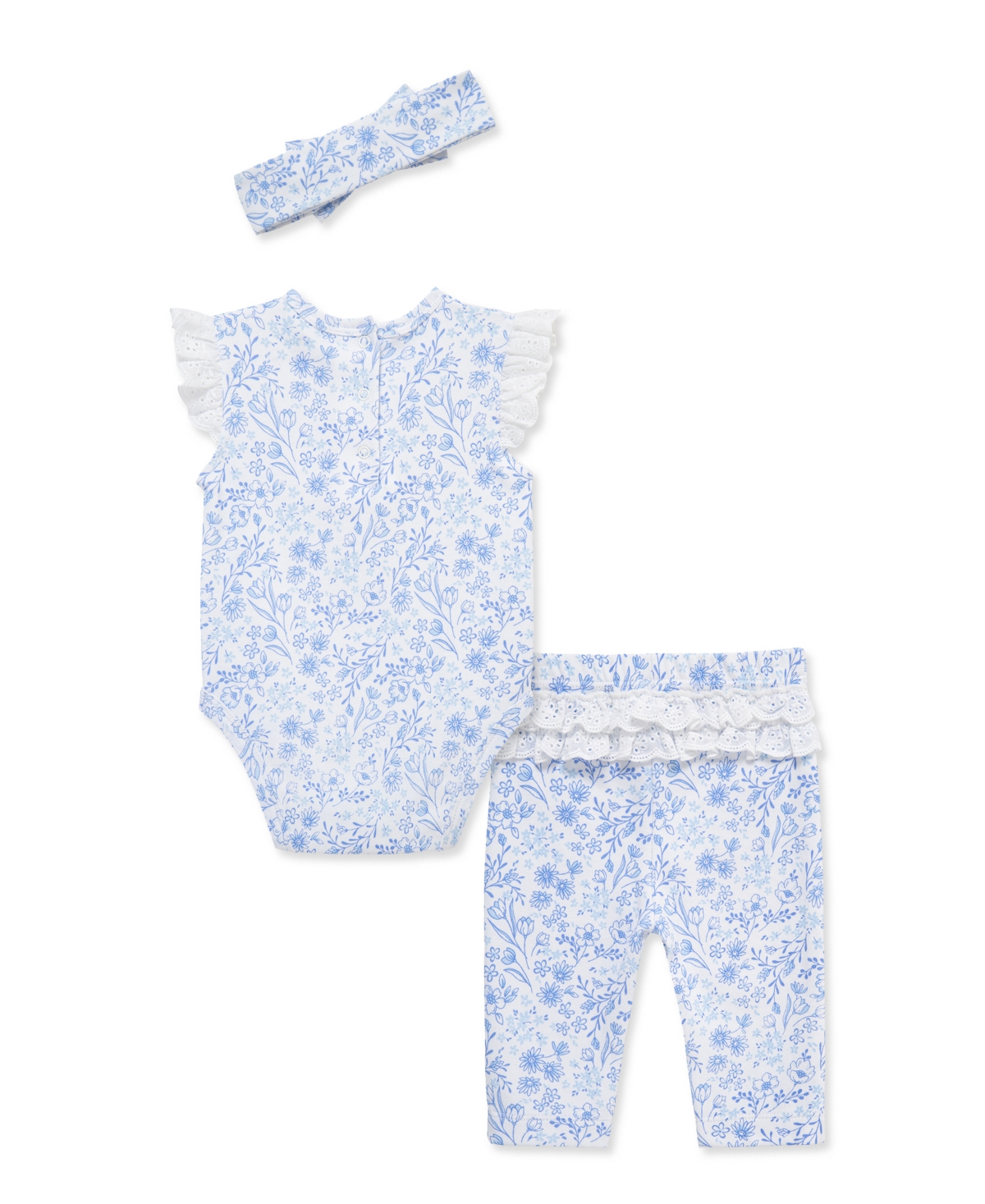 Little Me Baby Girls' Floral Eyelet Bodysuit, Pants and Headband, 3-Piece Set