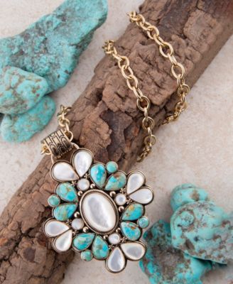 Barcelona Blue Turquoise and Mother of Pearl Golden Statement Necklace