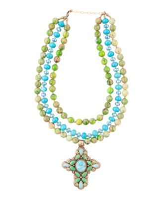 Legacy Lime Green and Blue Turquoise Golden Cross Pendant Statement Necklace