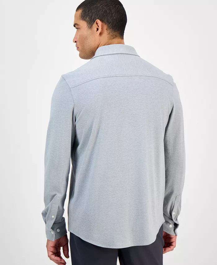 Men's Classic-Fit Heathered Jersey-Knit Button-Down Shirt - thumbnail 4