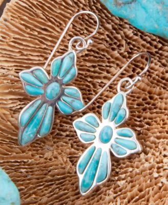 Blue Turquoise Cross Sterling Silver Drop Earrings