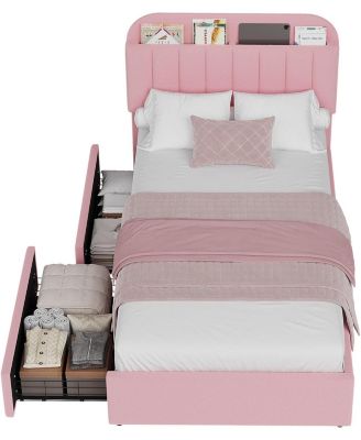 Boucle Storage Bed with Built-In Bookcase, 2 Drawers, Sturdy Frame, No Box Spring Required - Full