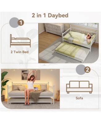 Twin Size Metal Daybed with Trundle Charging Station LED Lights Sofa Bed