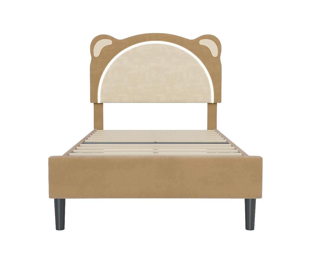 gaomonTwin Xl Upholstered Bed for Kids – Adjustable Headboard with Led Light, Wooden Slats, No Box Spring, Coffee