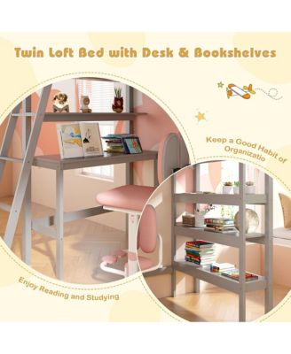 Twin Size Solid Wood Loft Bed w/ Desk & Bookshelves Ladder & Guardrails
