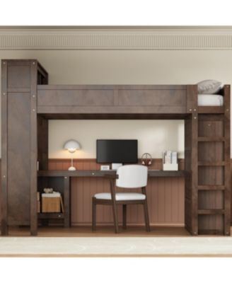 Wooden Queen Loft Bed with Wardrobe, Desk, Storage Headboard
