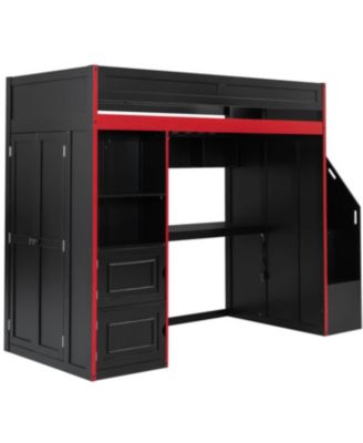 Gaming Loft Bed with Desk and Storage, LED Lights, Twin