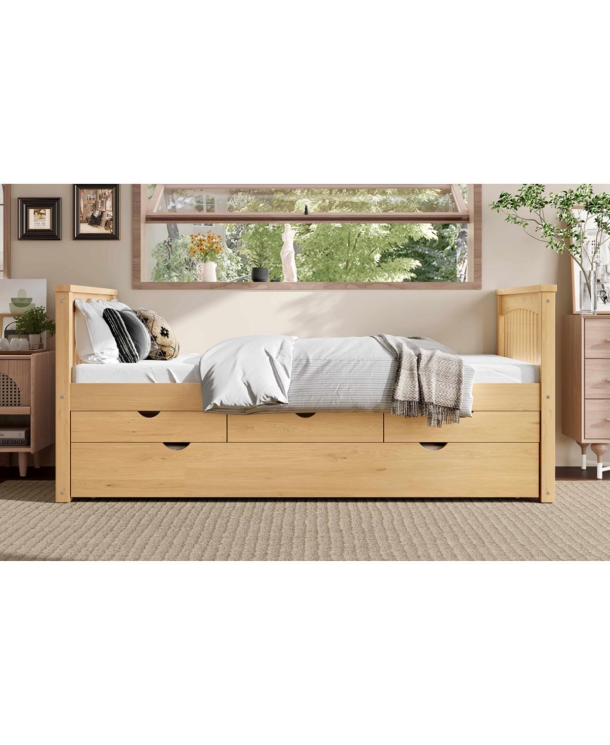 Streamdale Furniture Twin Platform Bed with Drawers, Solid Wood Daybed, No Spring Box Needed, Natural