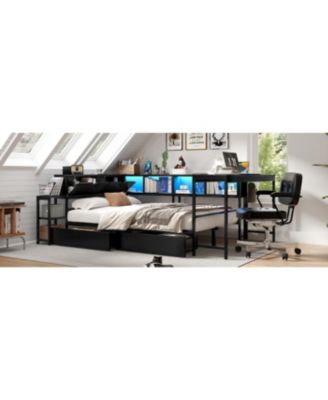 Streamdale Twin Corner Bed Frame with Bookcase, LED, and Storage Drawers