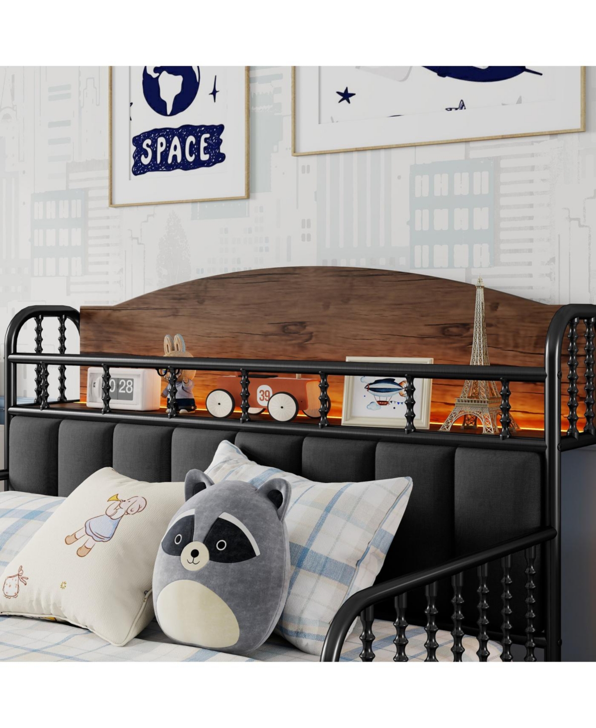 Streamdale Full Size Metal Platform Bed Frame with Storage Headboard, Black