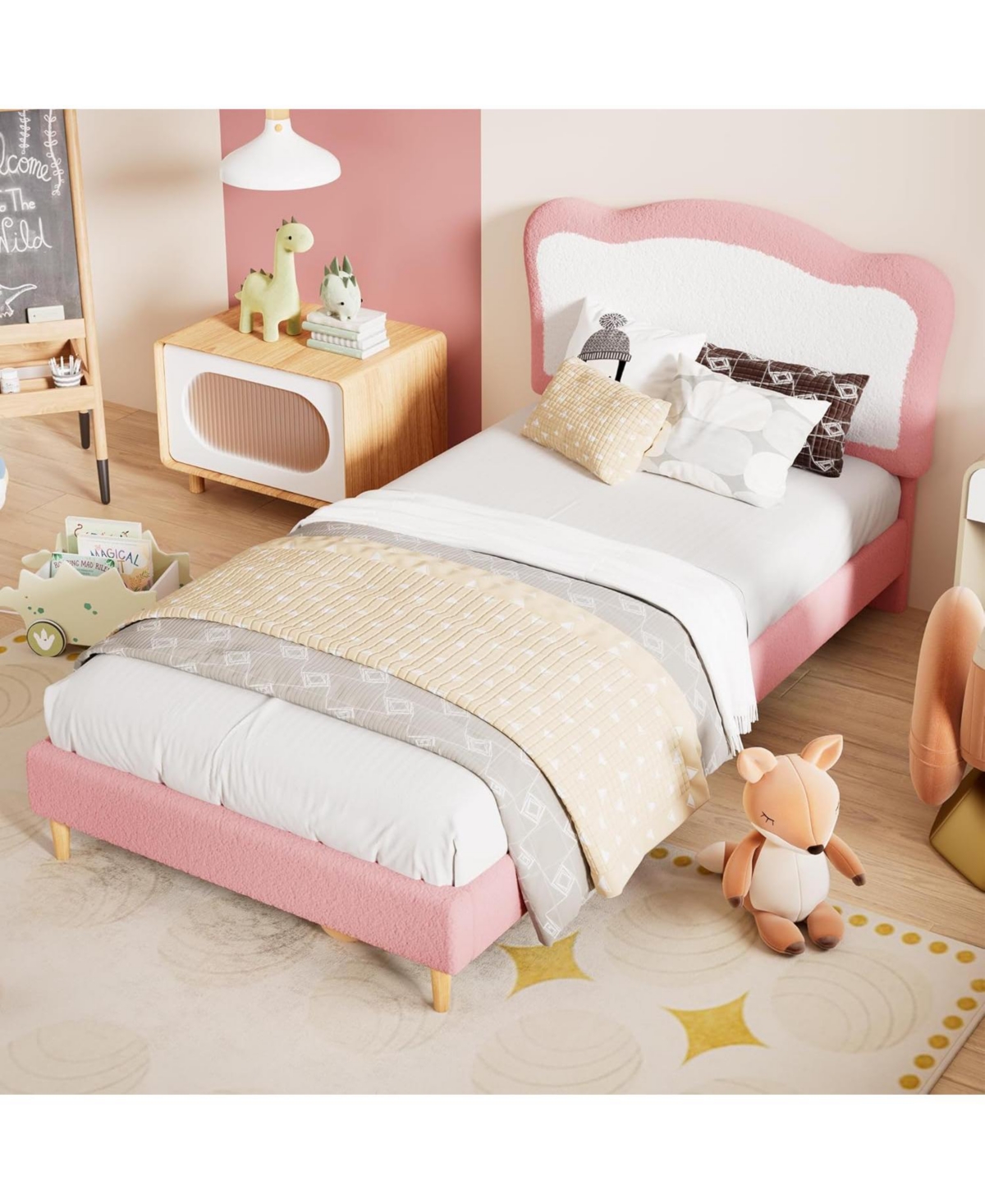 gaomon Upholstered Bed Frame for Kids with Scallop Headboard, Velvet, No Box Spring Needed