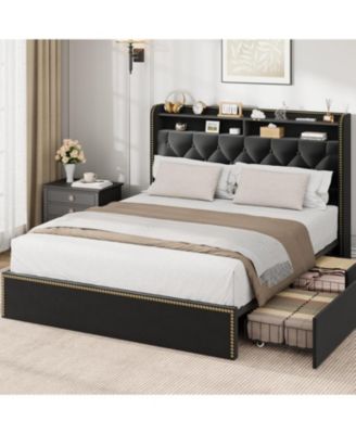 Full Size Velvet Bed Frame with 4 Storage Drawers, Tufted Headboard, Nailhead Trim, No Box Spring Needed, Black