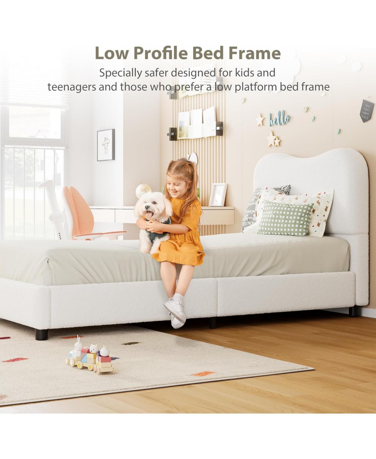 gaomon Twin Size White Velvet Upholstered Kids Bed Frame with Headboard, Low Profile, Strong Wooden Slats, Easy Assembly