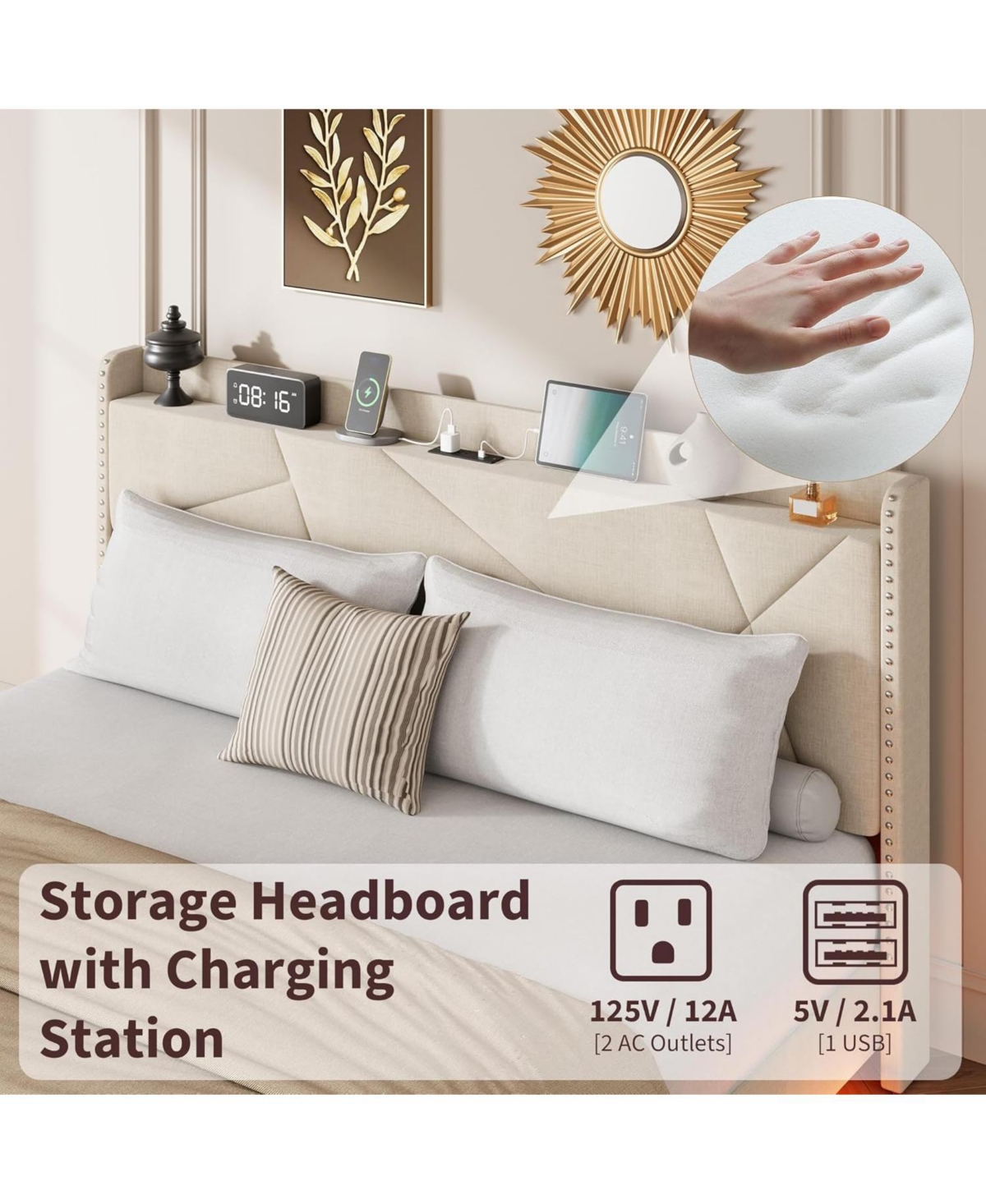 gaomon King Size Floating Bed Frame with Led Lights, Charging Station, Storage Headboard, Folding Shelf, Metal Slats, Beige