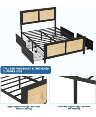 Full Size 4 Drawers, Woven Front, LED Lights, Black MDF Frame Rattan Accent Storage Bed