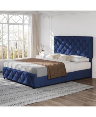 Full Size Bed Frame 4 Storage Drawers and Headboard Linen Upholstered Diamond Tufted Easy Assembly Noise-Free