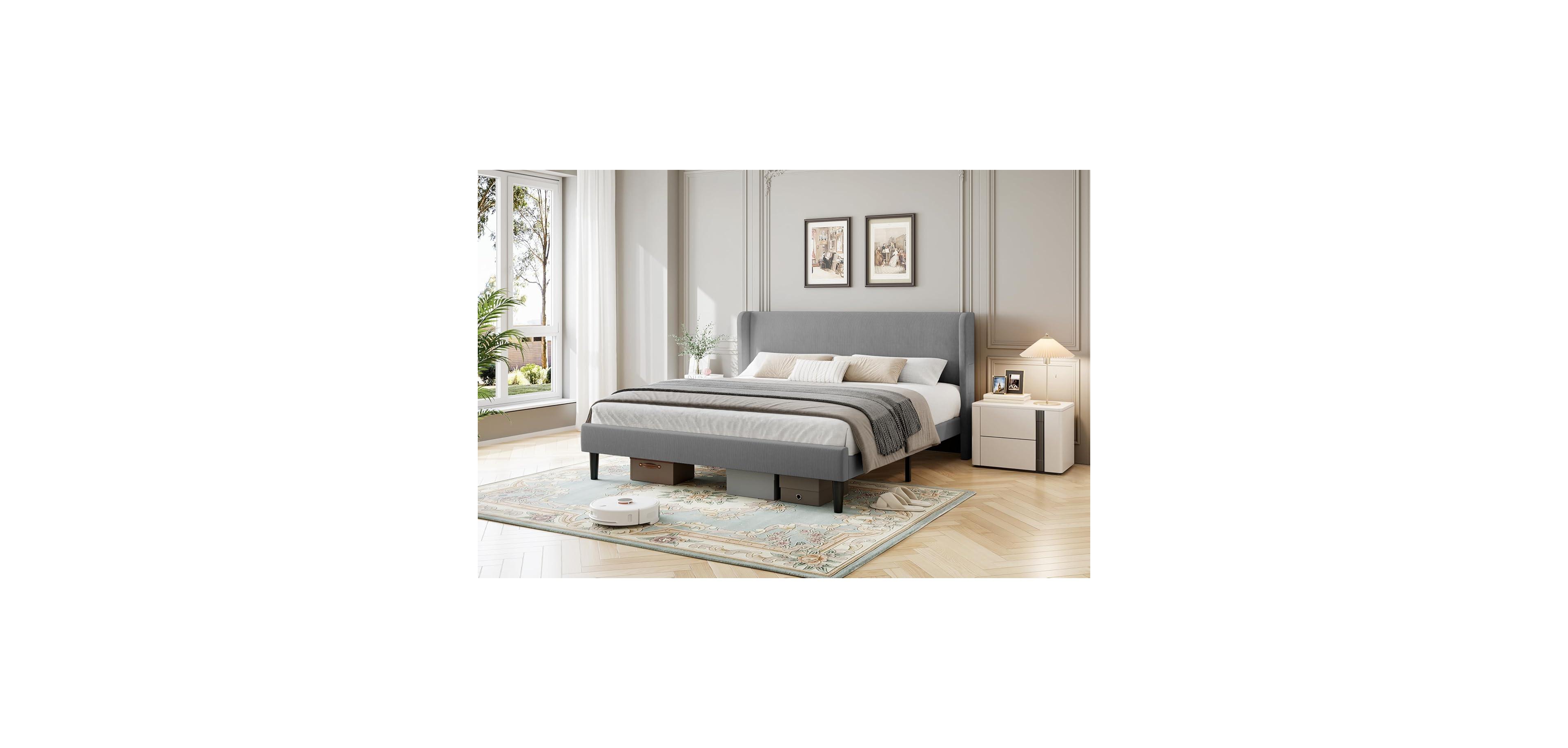 gaomon King Size Upholstered Bed Frame Wingback Headboard Velvet Platform No Box Spring Needed Durable Wood Slats Light Grey