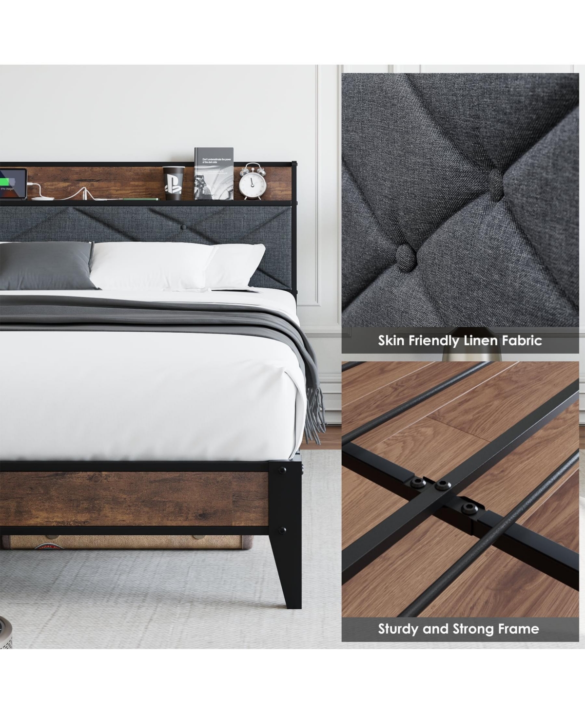 gaomon Easy Assembly King Size Steel Mdf Bed Frame Space Saving, for Living Room, Guest Room