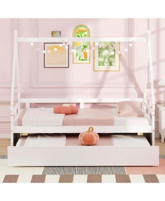 Twin Size House Bed w/ Trundle Roof & Safety Guardrail Wood Slat Support