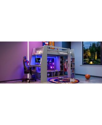 Gray Wood Twin Size Gaming Loft Bed w Built In Desk Storage Cabinets Hanging Clothes Rack LED Lighting Kids Teens Bedroom Furniture