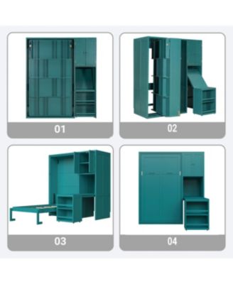 Twin Size Rotating Wall Murphy Bed with Bookshelf & Desk, Teal