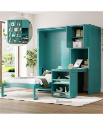 Twin Size Rotating Wall Murphy Bed with Bookshelf & Desk, Teal