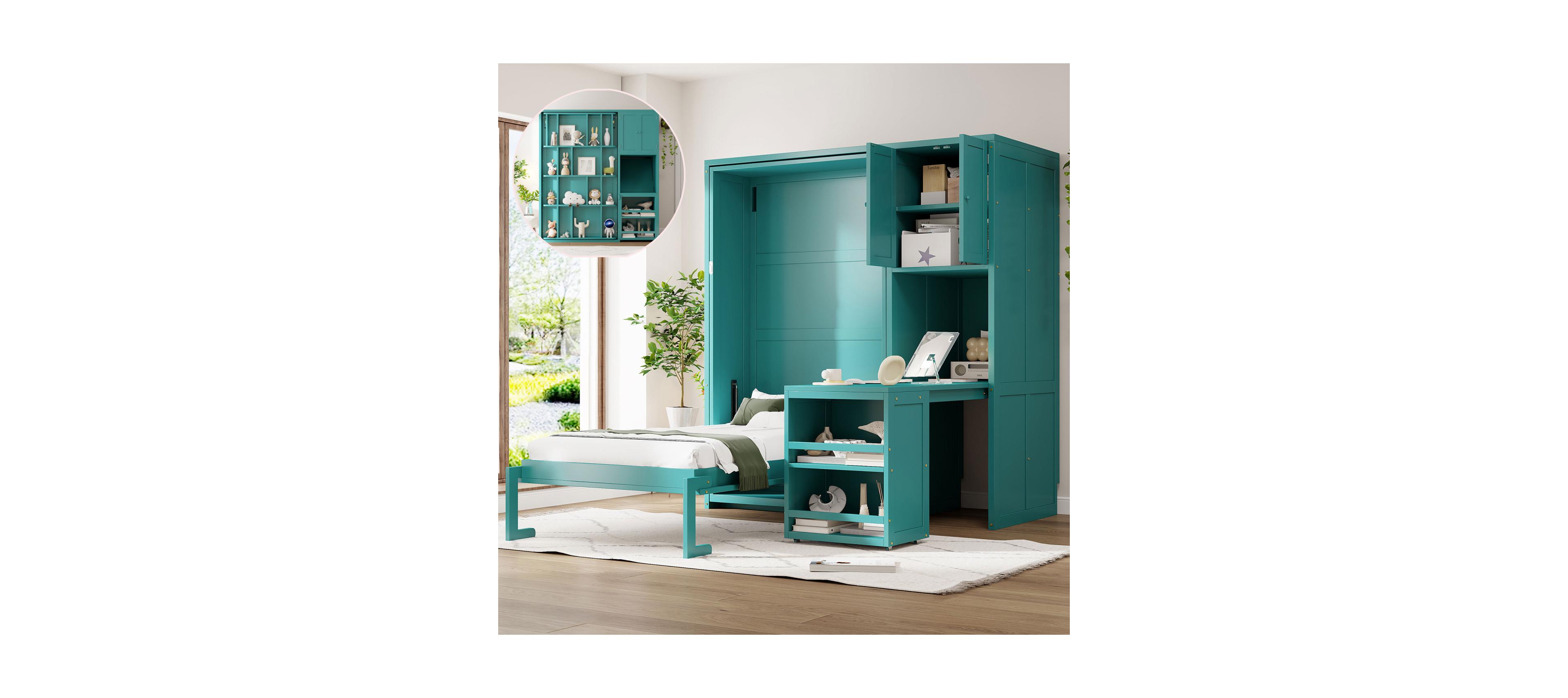 Streamdale Furniture Twin Size Rotating Wall Murphy Bed with Bookshelf & Desk, Teal