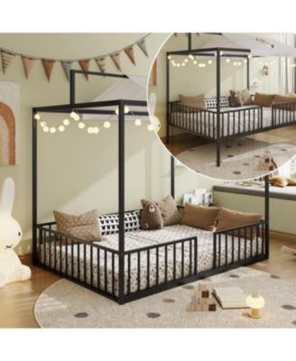 3-in-1 Convertible Montessori Metal Floor Bed, Fenced Toddler Bed, Canopy