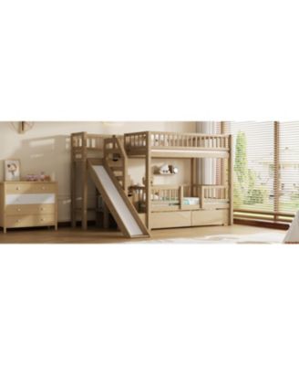 Twin over Twin Bunk Bed w/ Storage Stairs, Slide, 2 Drawers, Walnut