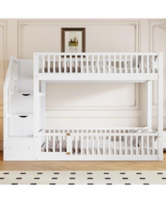 Twin over Twin Floor Bunk Bed, Ladder with Storage