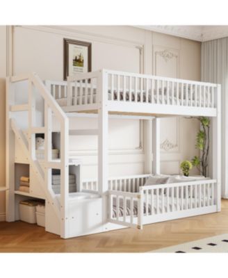 Twin over Twin Floor Bunk Bed, Ladder with Storage