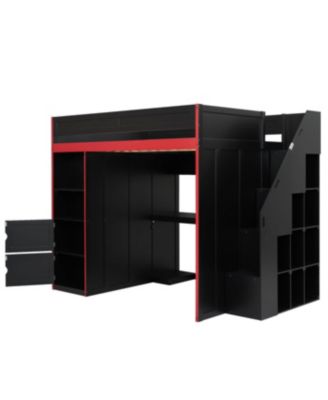 Streamdale Gaming Loft Bed with Desk and Storage, LED Lights, Full