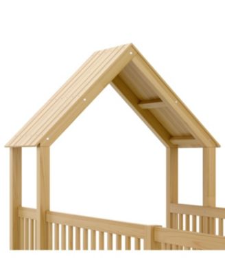 Twin Size House Floor Bed with Door and Guardrails, Natural