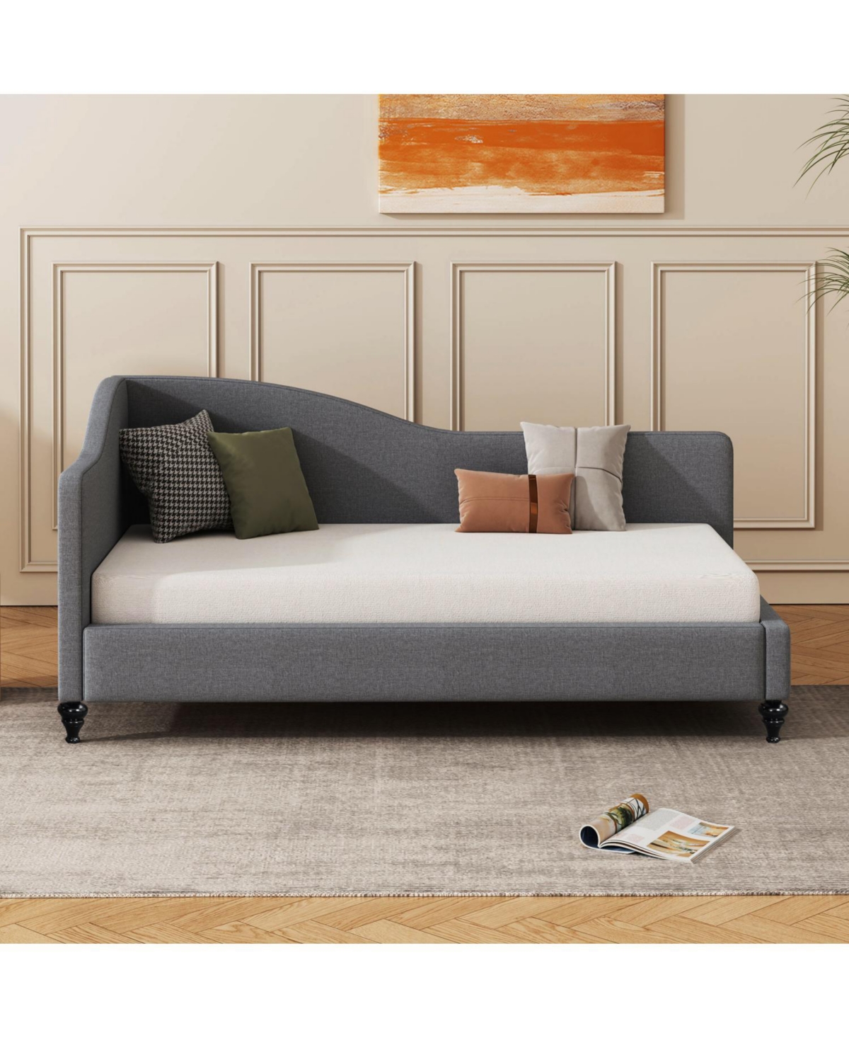 Streamdale Furniture Twin Size L-Shaped Linen Daybed, with Solid Wood Legs, Gray