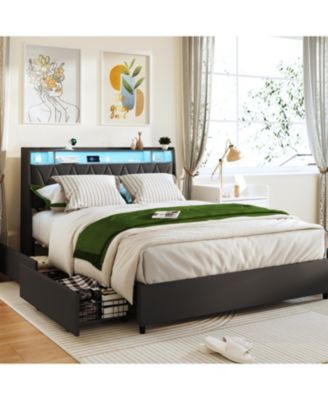 Streamdale Full Bed Frame with Headboard, Outlets, LED & Storage