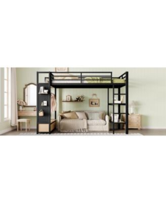 Streamdale Queen Loft Bed Frame with Wardrobe & Storage Shelves, Black