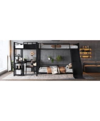 L-Shaped Metal Bunk Bed with Twin Loft, Desk, Storage, and Slide (Black)