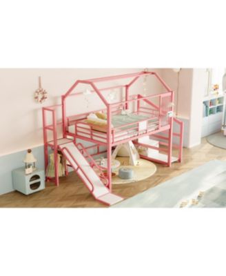  Full House Loft Bed with Slide, Stairs, Storage, Pink