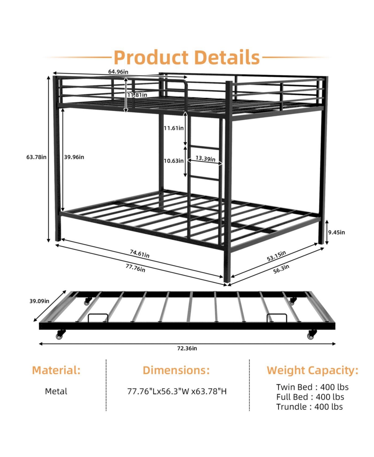 Streamdale Furniture Durable Square Tube Iron Bunk Bed with Safety Rails