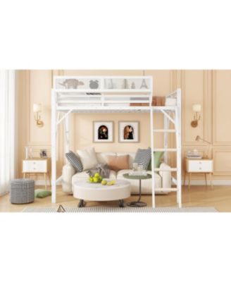  Queen Size Loft Bed with Ladder and Storage Shelves, White